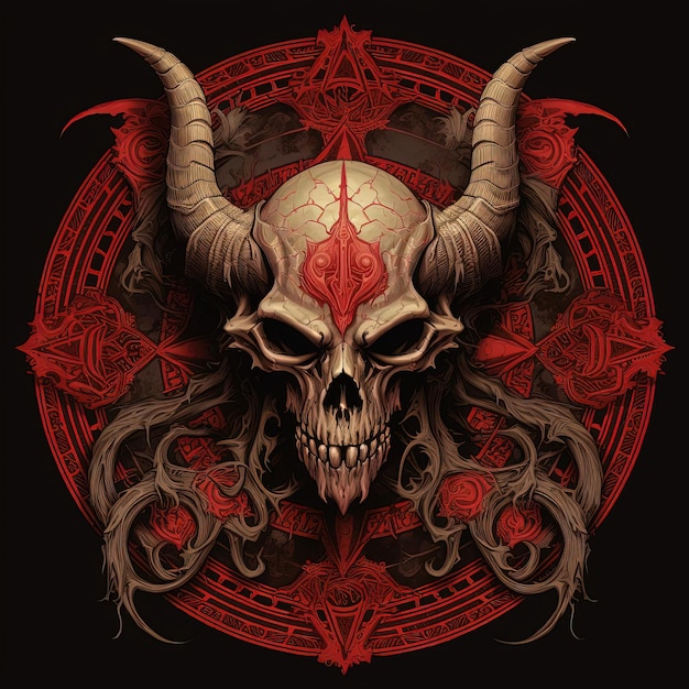 the skull of demon with large horns is depicted in a red pentagram in the style of dark beige
