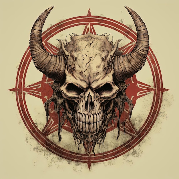 Photo the skull of demon with large horns is depicted in a red pentagram in the style of dark beige