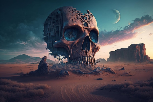 A skull in the desert with the moon in the background