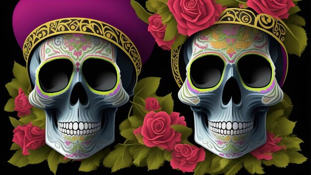 Skull for dia de Los Muertos day of the dead with flowers