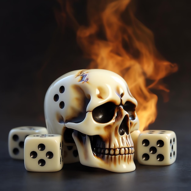 a skull and dice on fire