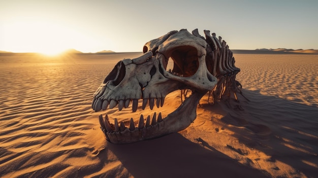 A skull of a dinosaur in the desert