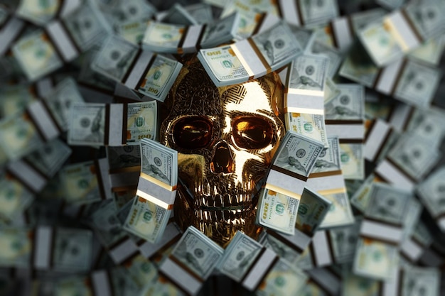 Photo skull and dollars golden human skull drowning in money covered in a pile of bills copy space 3d rendering 3d illustration