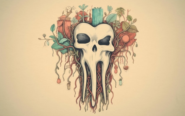 Skull Drawing With Plant Sprouting