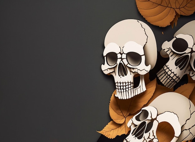 Photo skull and dry leaves with copy space