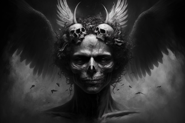 Skull faced portrait of a fallen angel illustration of a scary story