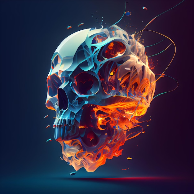 Skull in fire 3d illustration Design element