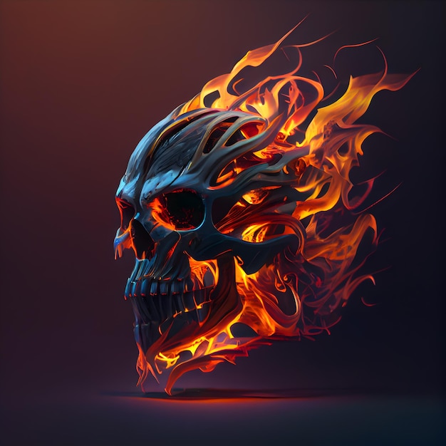 Skull in fire flames on dark background 3d illustration