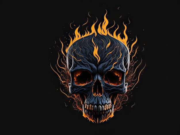 Skull on fire isolated in black background ai generative