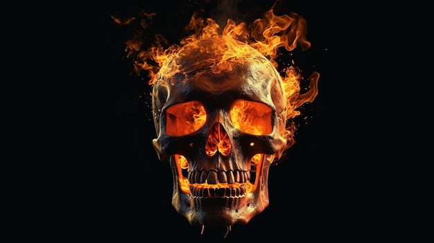 Skull on fire isolated in black background Generative AI