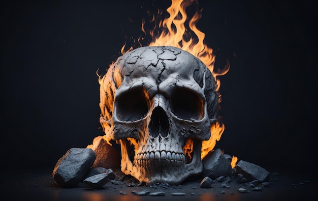 暗い背景を持つ火の中の頭蓋骨 火の炎の中の頭蓋骨