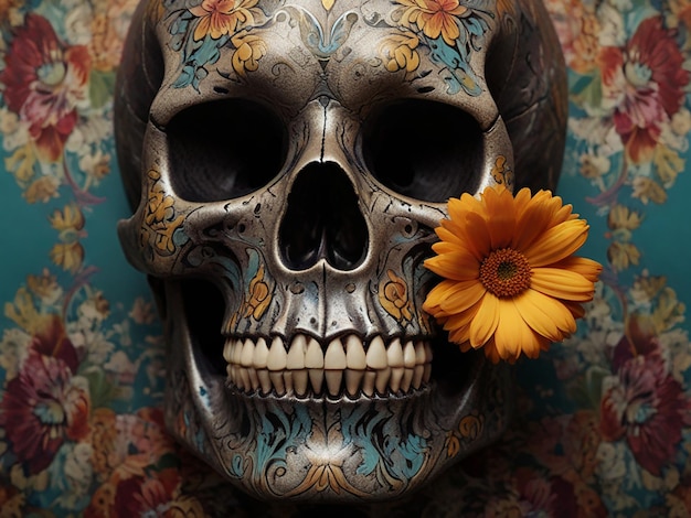 Photo a skull and flowers are painted on a black background