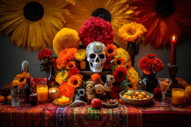 A skull and flowers are on a table in front of a wall with a bunch of flowers.