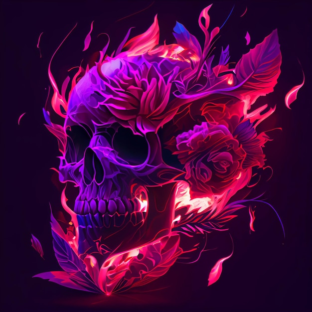 Skull and flowers on a black background generative ai