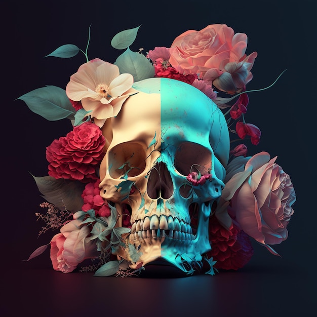 Skull and flowers on dark background 3D illustration Generative Ai