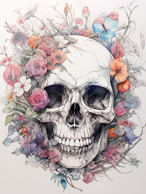 Foto il teschio e i fiori illustrazione gotica