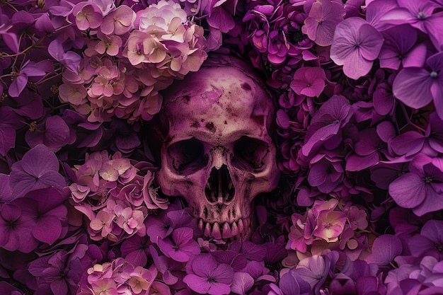 Skull and flowers for halloween background Top view