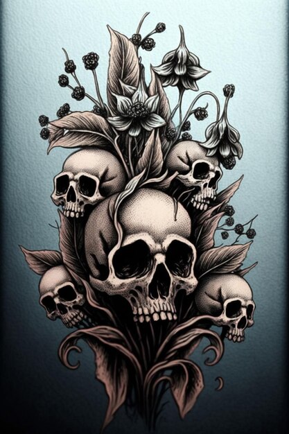 A skull and flowers tattoo design by the artist elbow