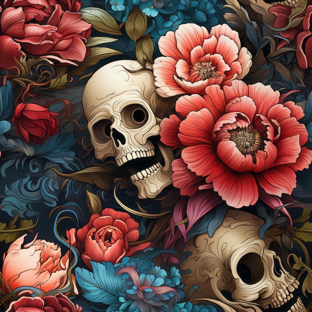 Skull and Flowers with Leaves Seamless Pattern Created With Generative AI Technology