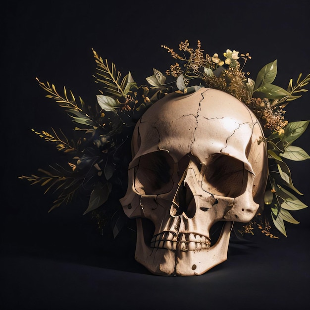 Skull and foliage on the black background