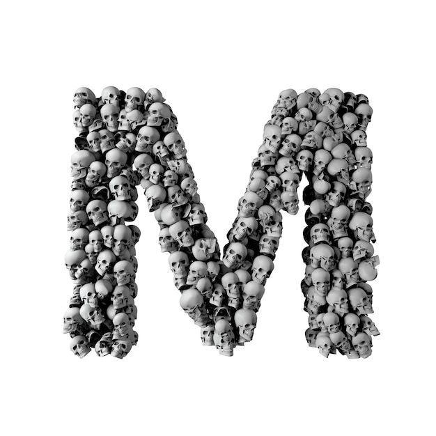 Skull font letter M Letter made from lots of skulls 3D Rendering