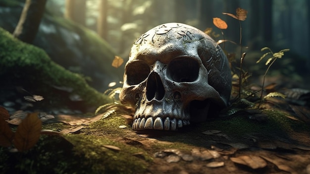 Skull in the forest Halloween conceptgenerative ai