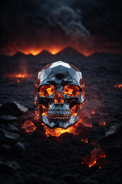 skull in front of a fire with flames and rocks