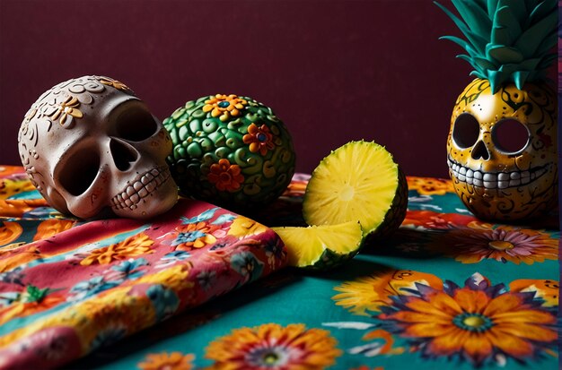 Photo a skull and fruit on a table with a skull and a pineapple on it