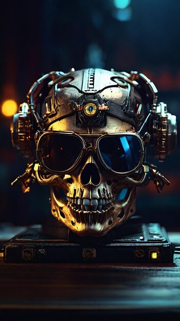 A skull in glasses on a table with mechanisms with neon light