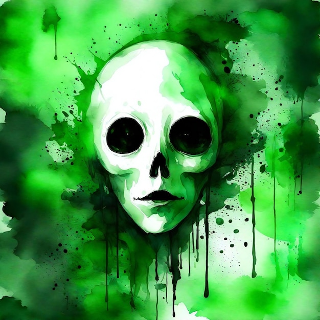 緑の水彩絵の具で頭蓋骨手描きイラスト