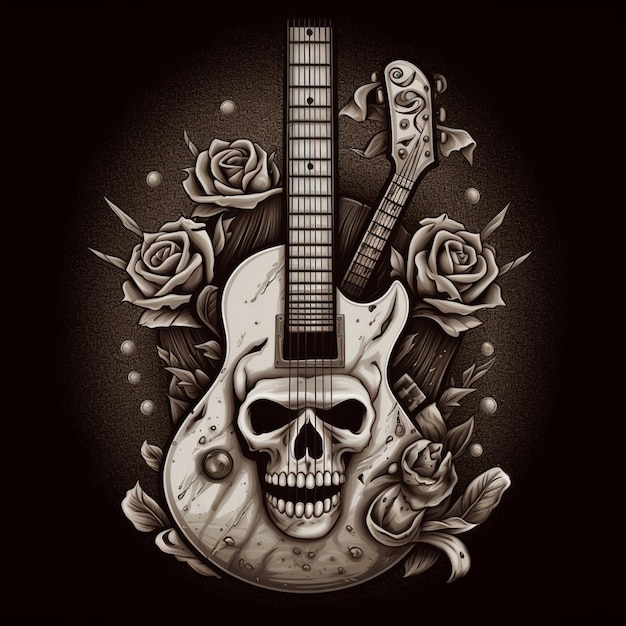 Skull and guitar with roses tattoo design on black background generative ai