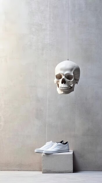 Photo a skull hangs from a string with a tag that says  skull