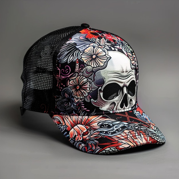 Photo a skull hat with flowers on it and a skull on the front