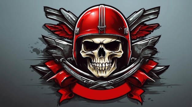 skull head theme wearing a helmet with a red ribbon