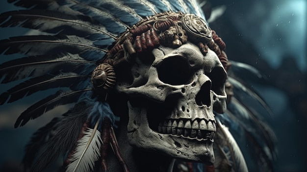 Skull head wearing indian chief accessories digital art illustration Generative AI