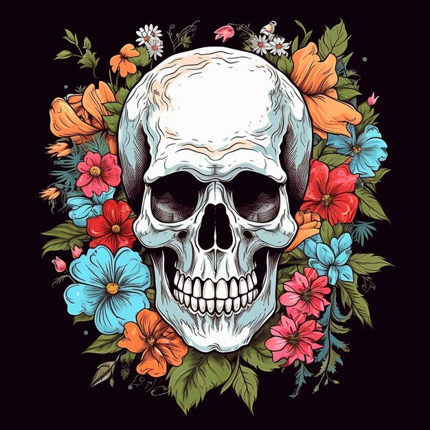 Skull head with flowers in dark background