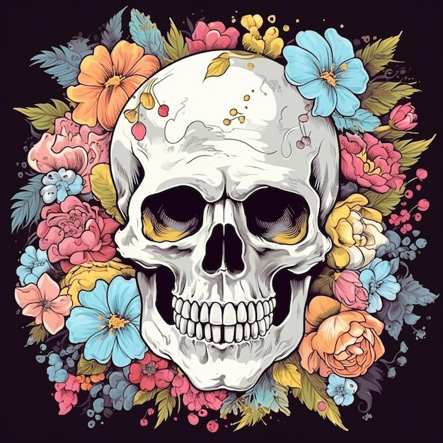 Skull head with flowers in dark background