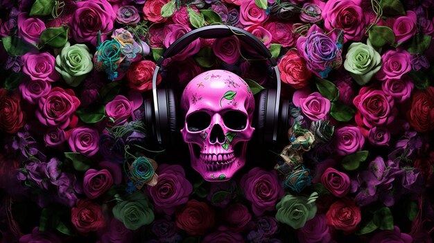 Photo skull and headphones on the flower background