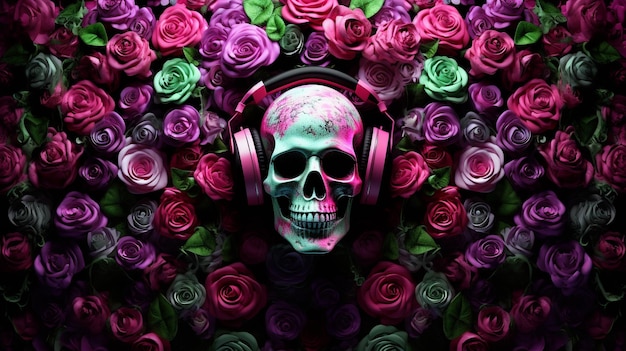 Photo skull and headphones on the flower background