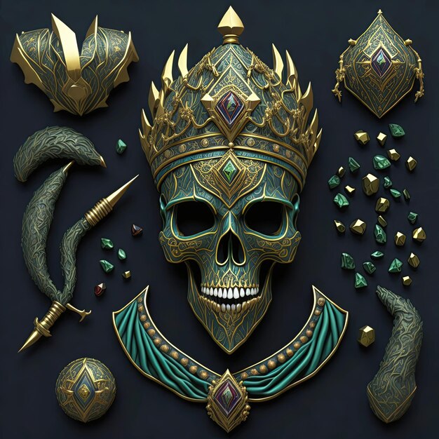 歴史上の人間とジンの両方の王の頭蓋骨の頭は、金とダイヤモンドの宝石で飾られています