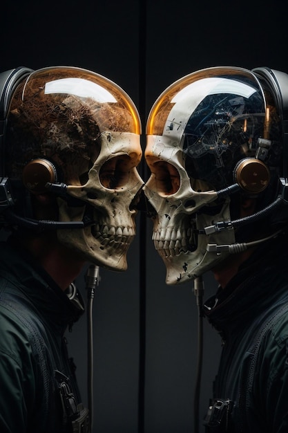 a skull and helmet of a biker with a skull on the back.