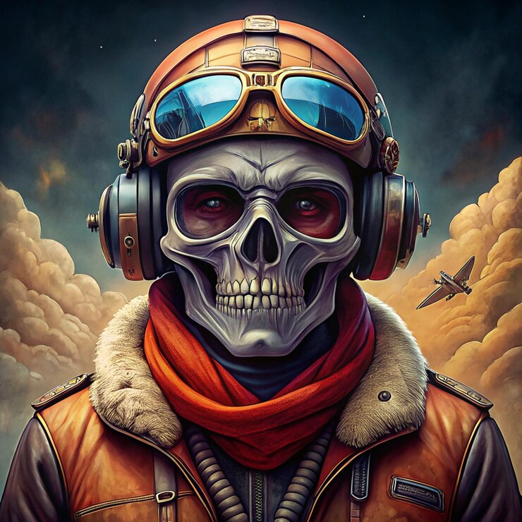 A skull and helmet of a pilot with the words skull on it