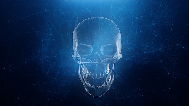 skull hologram with blue plexus wall