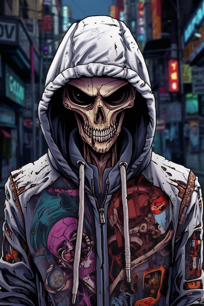 Skull in a hoodie on the background of the city