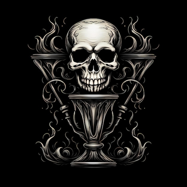 두개골과 모래시계 문신 디자인 검은 배경에 고립된 어두운 예술 그림