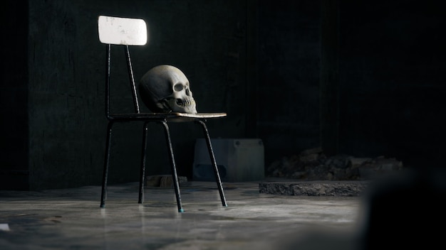 Skull human on chair in dark room