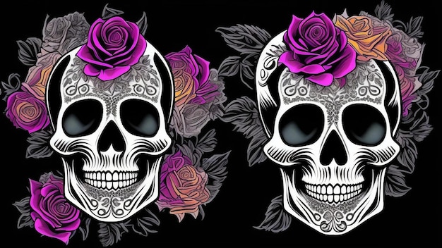 Skull illustration with flowers background