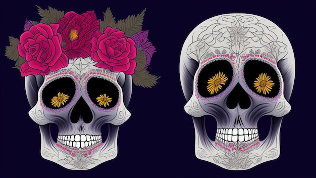 Skull illustration with flowers background