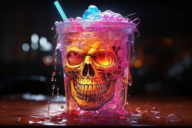 The skull is a colorful colored drink cup in dark light