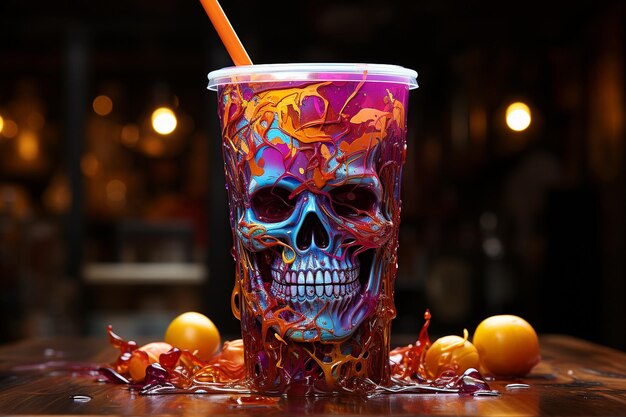 두개골은 어두운 빛에서 다채로운 색깔의 음료 컵입니다